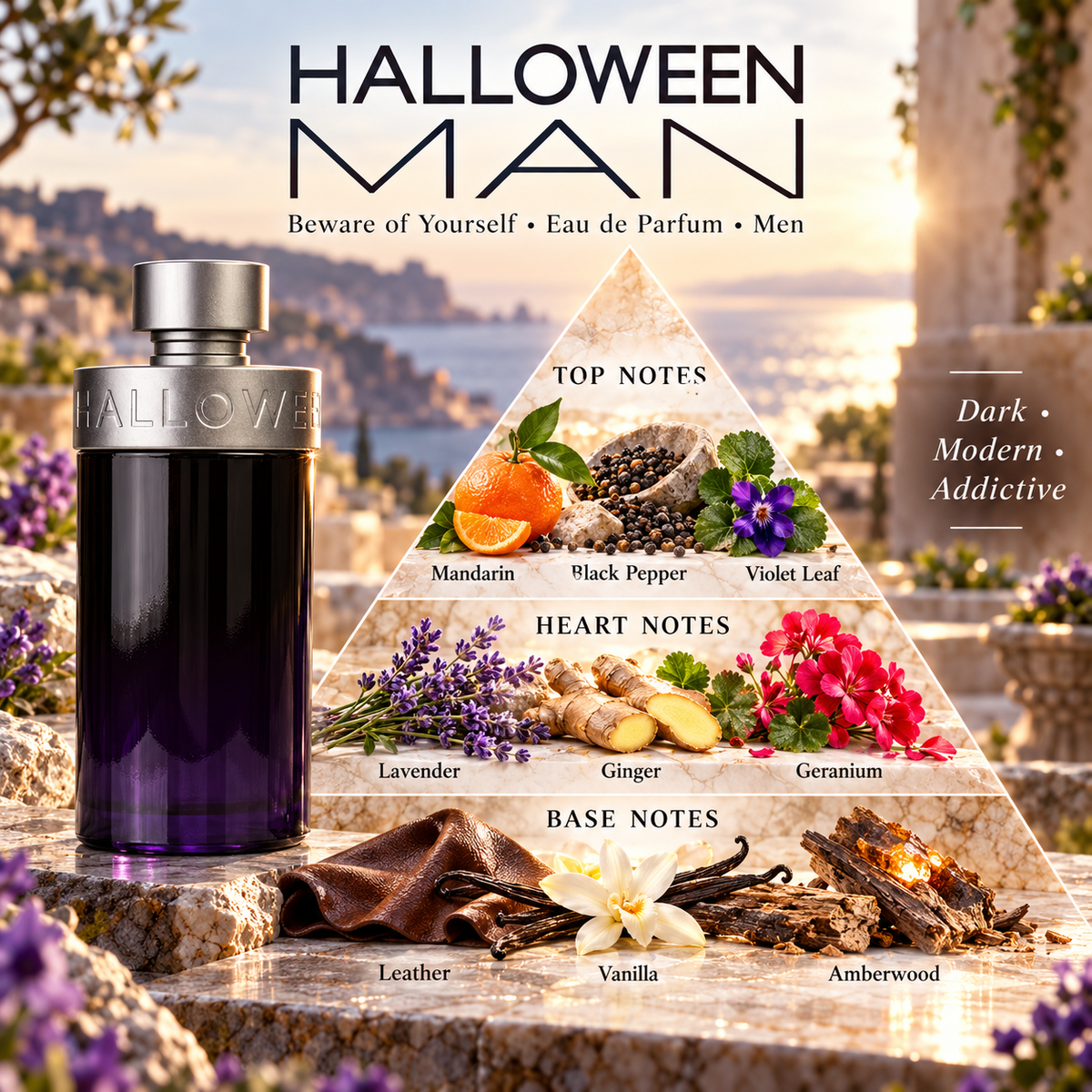 Halloween Man By Jesus Del Pozo fragrance notes pyramid showing top, heart, and base notes
