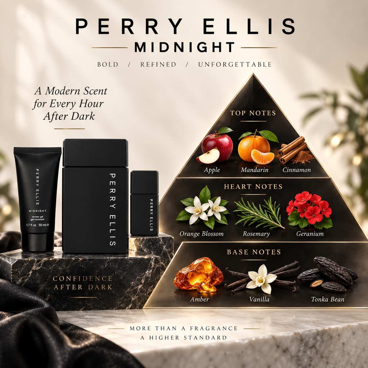 Perry Ellis Midnight 3-Piece Gift Set 3.4 oz EDT Spray + 1.7 oz Shower Gel + 7.5 mL EDT Spray for Men
