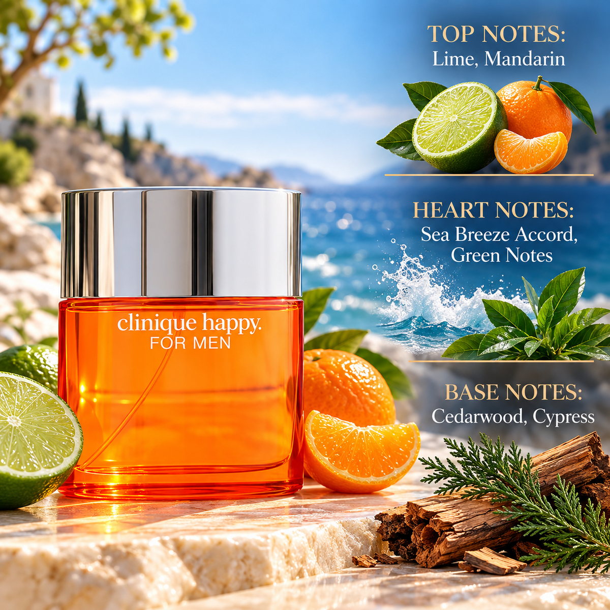 Clinique Happy for Men fragrance notes with lime, mandarin, sea breeze accord, green notes, cedarwood and cypress