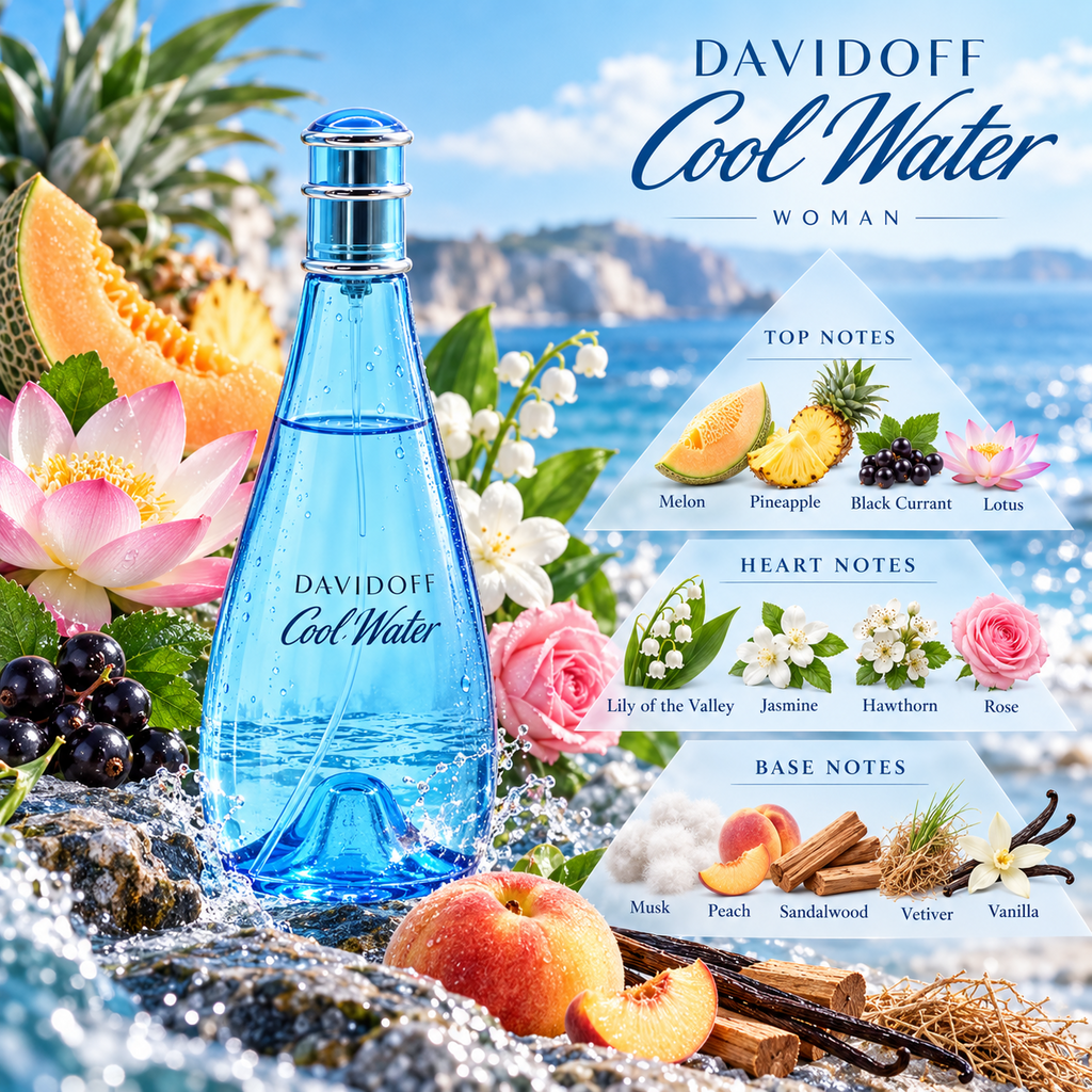 Davidoff Cool Water Woman fragrance notes with melon, pineapple, black currant, lotus, lily of the valley, jasmine, hawthorn, rose, musk, peach, sandalwood, vetiver and vanilla