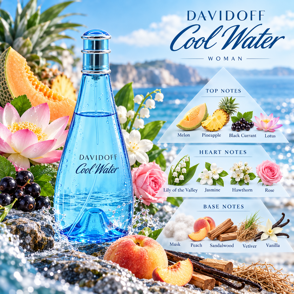 Davidoff Cool Water Woman fragrance notes with melon, pineapple, black currant, lotus, lily of the valley, jasmine, hawthorn, rose, musk, peach, sandalwood, vetiver and vanilla