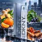 DKNY Men Energizing fragrance notes with ginger, mandarin orange, ivy, juniper, maple and sandalwood