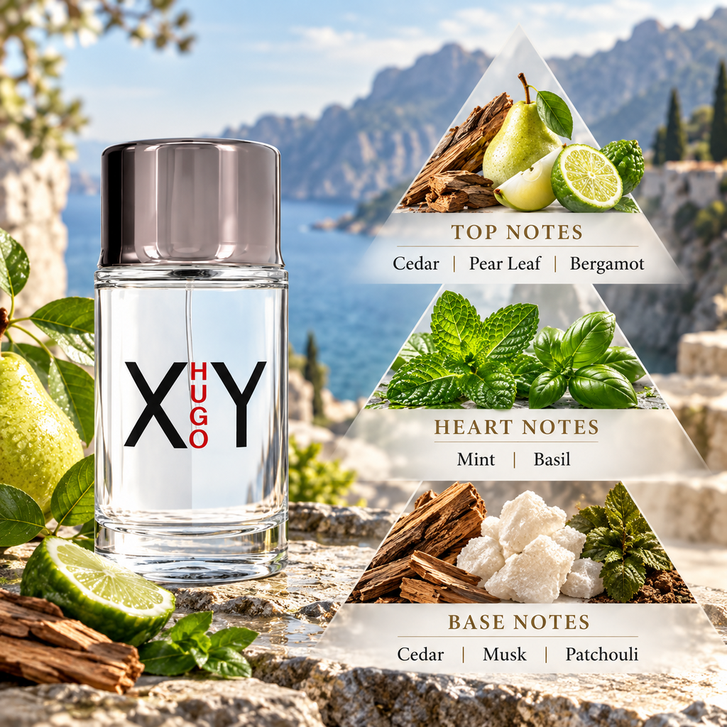 Hugo Boss HUGO XY fragrance notes with cedar, pear leaf, bergamot, mint, basil, musk and patchouli