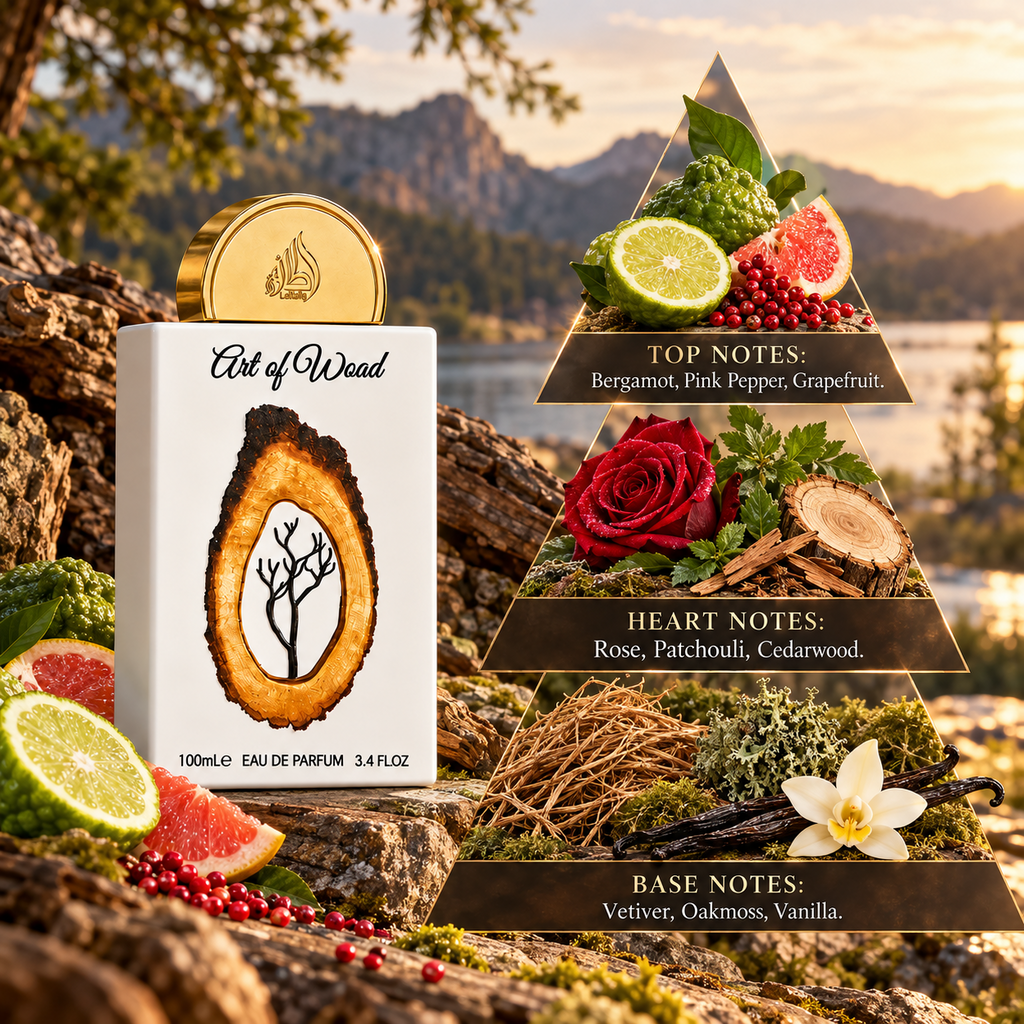 Lattafa Art Of Wood fragrance notes with bergamot, pink pepper, grapefruit, rose, patchouli, cedarwood, vetiver, oakmoss and vanilla