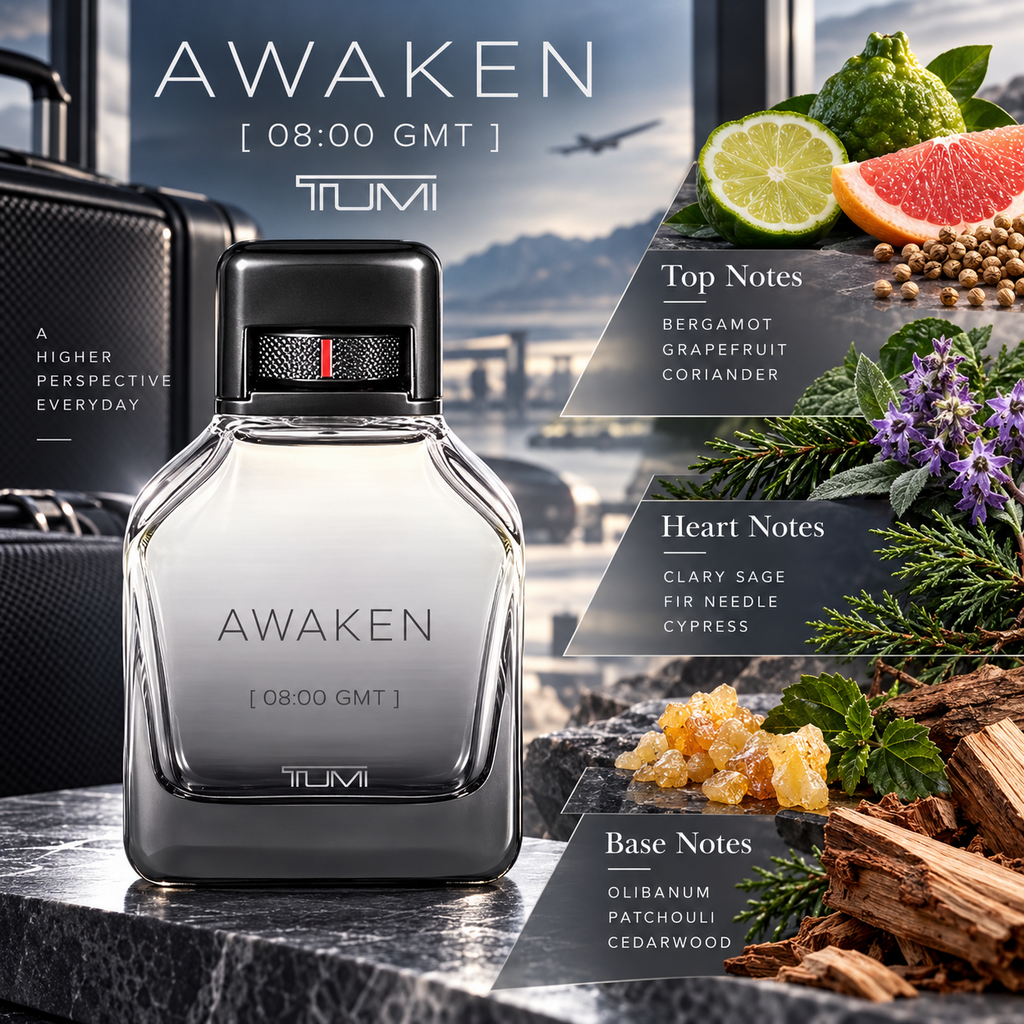 Tumi Awaken fragrance notes with bergamot, grapefruit, coriander, clary sage, fir needle, cypress, olibanum, patchouli and cedarwood
